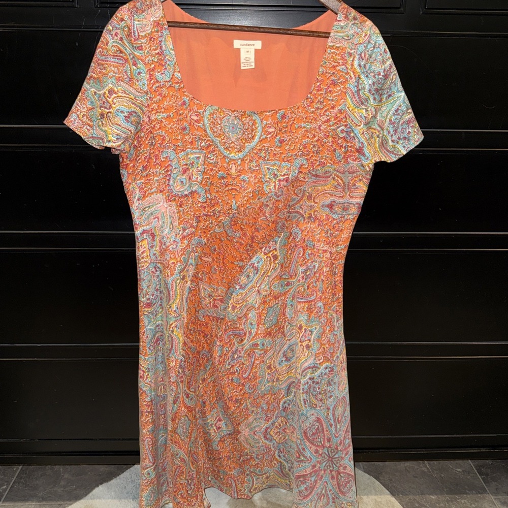 Sundance 100% Silk Dress Women's size 10 Orange Paisley Print Square‎ Neck